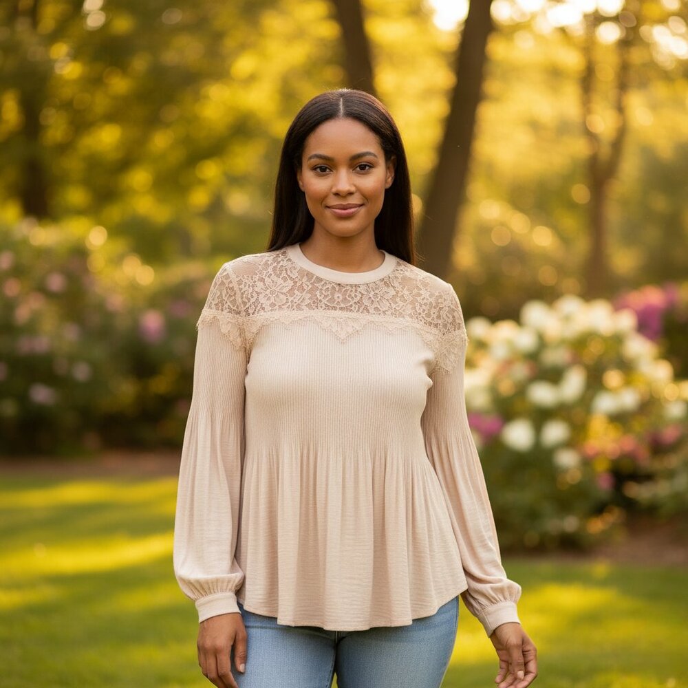 NWT Adrianna Papell Pleated Ribbed Lace Trim Blouse S